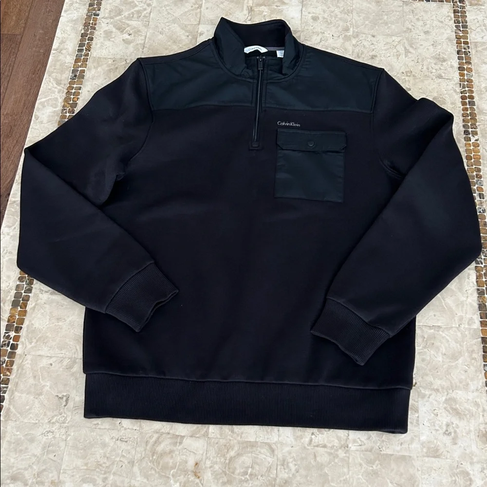 Calvin Klein Men's‎ Black Quarter-Zip Sweater Pullover with Chest Pocket Size M